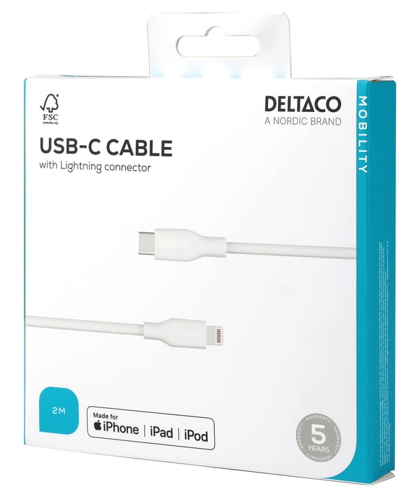 DELTACO - Lightning-kabel - USB-C hann til Lightning hann - 2 m - MFI-sertifisert - hvit