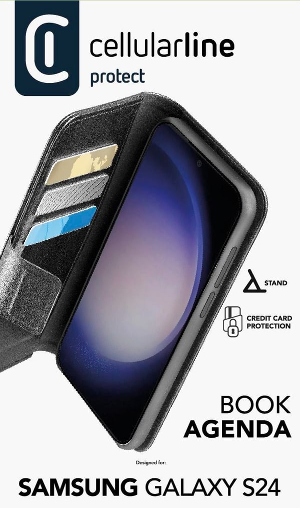 Cellular Line Galaxy S24 Wallet Book Agenda, jossa on korttipaikka, musta
