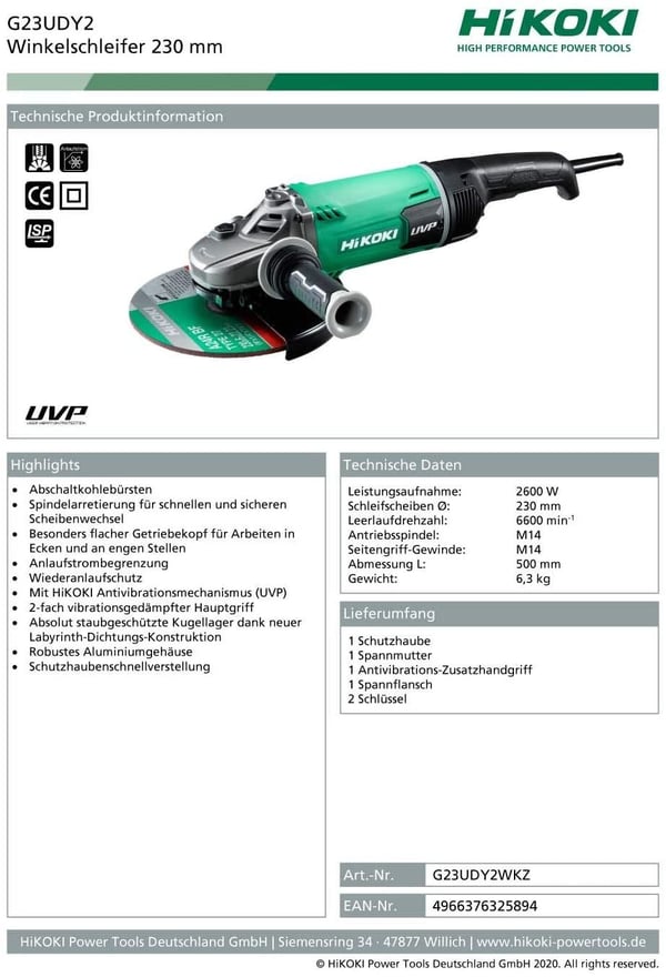 HiKOKI G23UDY2 WKZ vinkelsliper 2600 W 230 mm