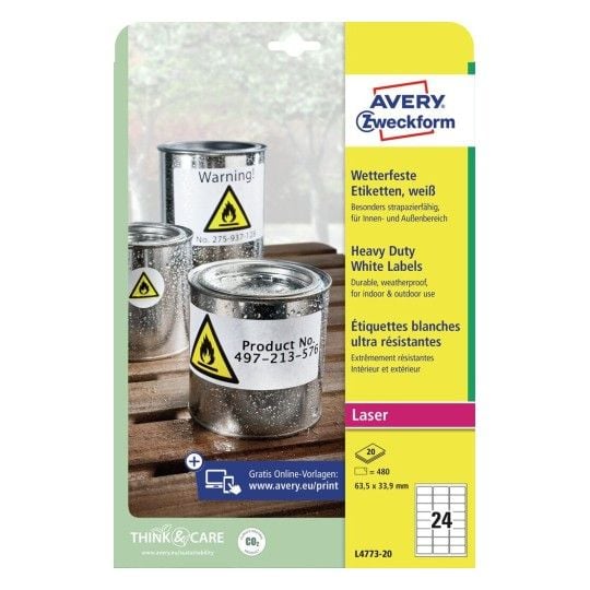 Avery Heavy Duty Laser Labels - Polyester - 63.5 x 33.9 mm 480 etikett(er) (20 ark x 24) merkelapper