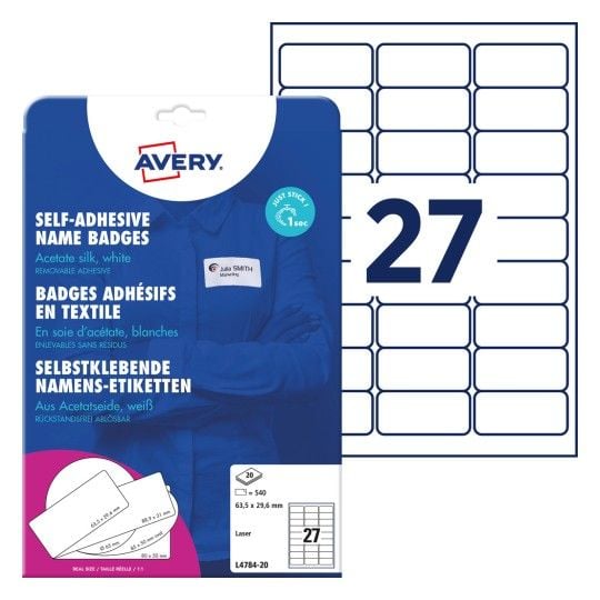 Avery L4784 - Silke - hvit - 29.6 x 63.5 mm 540 stk (20 ark x 27) etiketter til navneplater