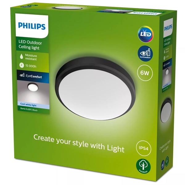 Philips Doris-taklampe, 6 W, Svart, Metall, Plast, IP54, Terrasse, Hage, I, Tidsriktig