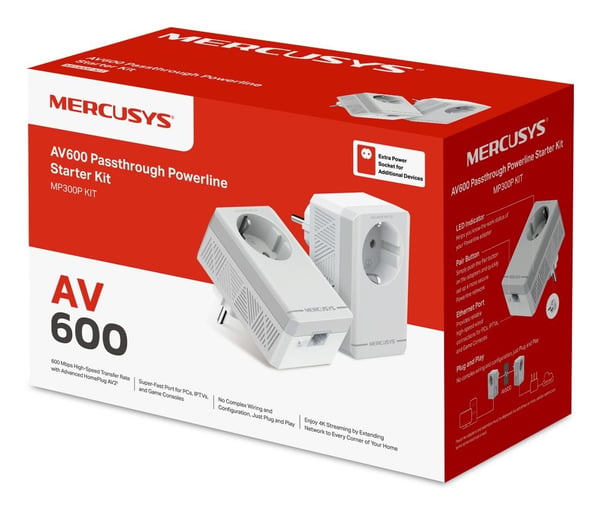 Mercusys AV600, 600 Mbit/s, IEEE 802.3, IEEE 802.3u, Type F, Raskt Ethernet, 10,100 Mbit/s, HomePlug AV2