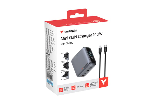 Verbatim 30240 Mini GaN-lader 140W 4-ports med display, svart