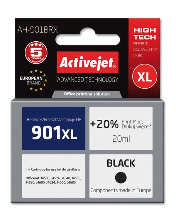 Activejet AH-901BRX, Hög (XL) avkastning, Svart, Pigmentbaserat bläck, 20 ml, 1 styck, Enpack