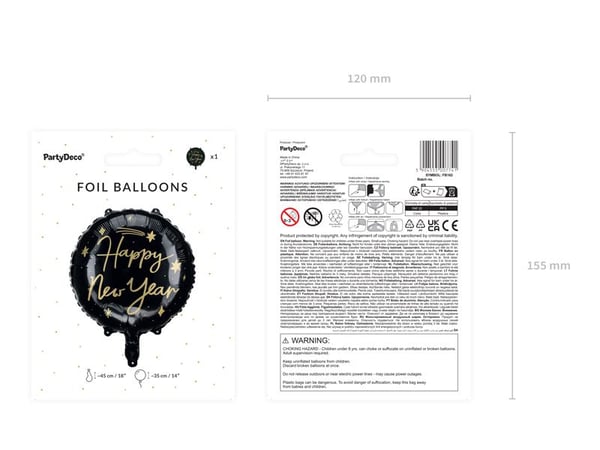 PartyDeco Happy New Year, Lekeballong, Folie, Sort, Bilde, Nyttårsaften, Rund