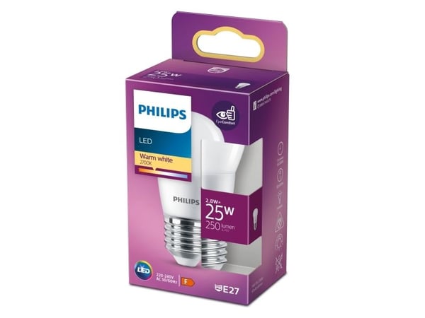 Philips - LED-glödlampa - form: P45 - glaserad finish - E27 - 2.8 W (motsvarande 25 W) - klass F - varmt vitt ljus - 2700 K