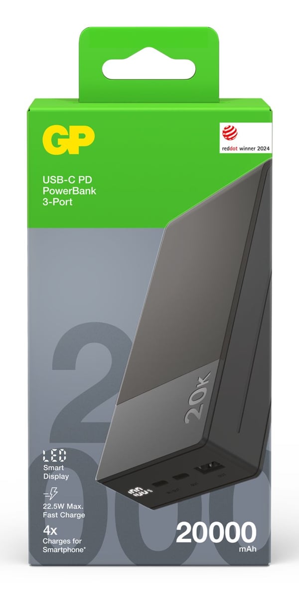 GP Battery GP PowerBank M2+ 20C 20000mAh 2xUSB-C/1xUSB-A musta LED (GPPBM20CGYMSR287)