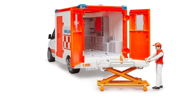 Bruder 02676 MB Sprinter -ambulanssi kuljettajalla, punavalkoinen