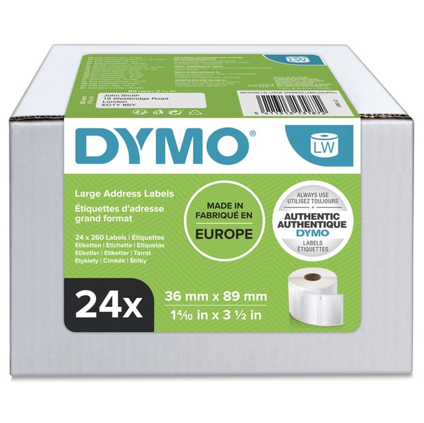 DYMO LW - Suuret osoitetarrat - 36 x 89 mm - S0722390, Valkoinen, Itse kiinnittyvä tulostintarra, Paperi, Kiinteä, Suorakulmio, LabelWriter