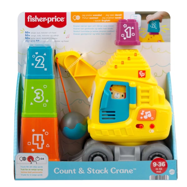 Fisher-Price Count & Stack Crane -rakennuslelu ja rakennuspalikat, ääniä ja valoja, monikielinen versio, 0,75 vuosi/vuosia, Tuottaa ääntä, Tarvitse...