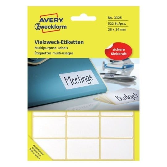 Avery Multi-Purpose Labels 3325 - Selv-adhesiv - hvit - 24 x 38 mm 522 stk merkelapper Avery Multi-Purpose Labels 3325 - Selv-adhesiv - hvit - 24 x 38 mm 522 stk merkelapper