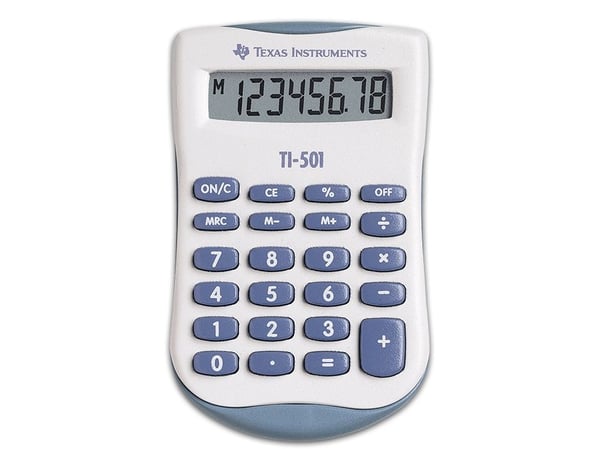 Texas Instruments TI-501, Tasku, Perus, 8 lukua, Akku, Sininen, Valkoinen