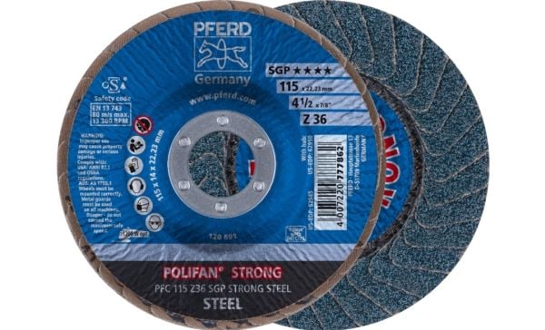 PFERD POLIFAN flap discs zirconia alumina Z SGP STRONG STEEL, 11,5 cm, 10 kpl