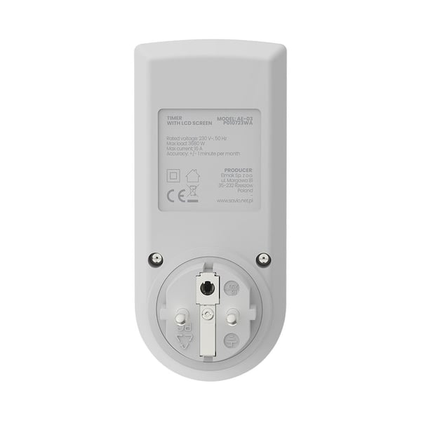 Savio AE-03, Päivittäinen/viikoittainen ajastin, Valkoinen, Digitaalinen, LCD, Painikkeet, 230 V