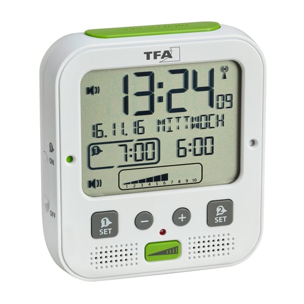 TFA BOOM - Alarmklokke - elektronisk - skrivebord - hvit, grønn