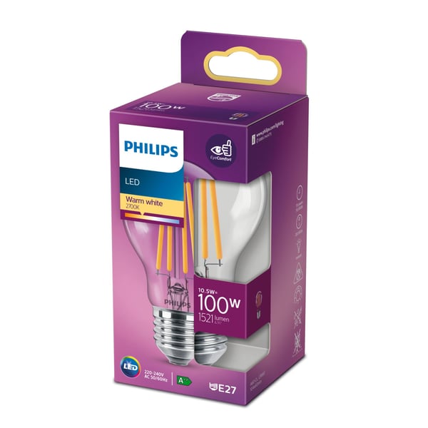 Philips - LED-filamentlyspære - form: A60 - klar finish - E27 - 10.5 W (ekvivalent 100 W) - klasse D - varmt hvitt lys - 2700 K