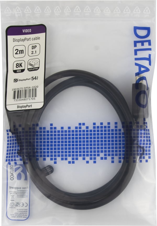 DELTACO - DisplayPort-kabel - DisplayPort (hann) låst til DisplayPort (hann) låst - DisplayPort 2.1a - 2 m - VESA DP54 Certified, 8K 60Hz støtte - ...