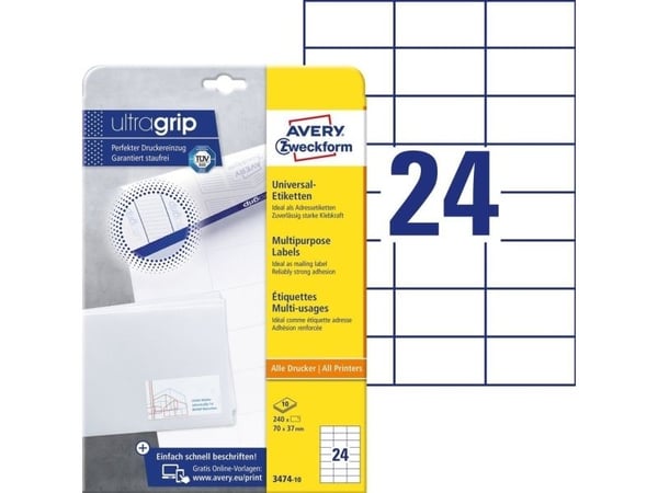 Avery 3474-10, Valkoinen, Suorakulmio, Kiinteä, A4, Paperi, Laser/Inkjet