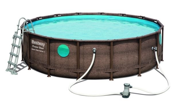 Bestway blått bassengstativ i tre 488x122, slange/pumpe-kobling og deksel 56725