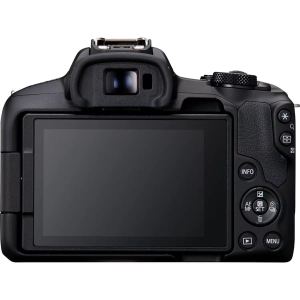 Canon EOS R50 -kamera, RF-S 18–45 mm + RF 75–300 mm, musta
