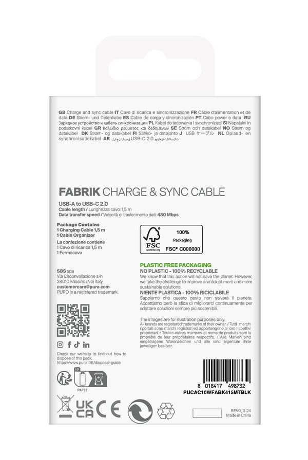 PURO PUCAC10WFABK415MTBLK, 1,5 m, USB A, USB C, USB 2.0, Sort