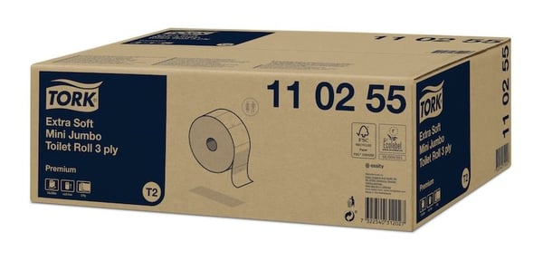 Toiletpapir Tork T2 Mini Jumbo Extra Soft Premium 3-lags hvid 120m - (12 ruller pr. karton)