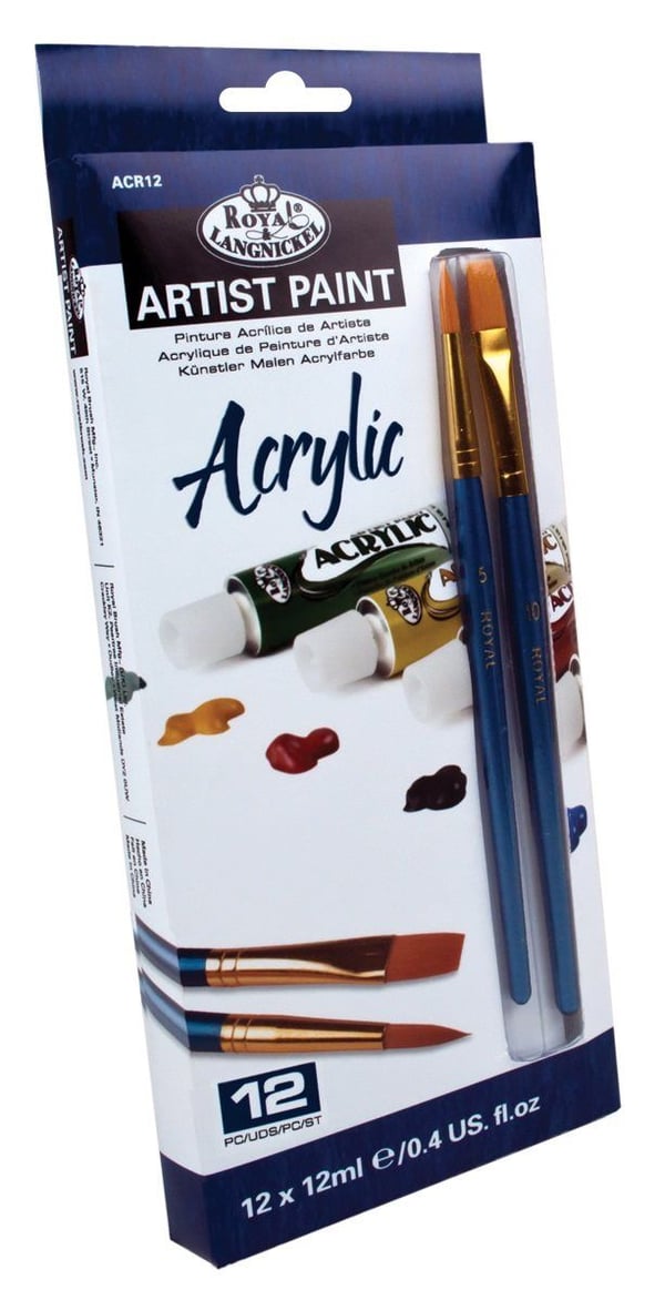 R&L Akrylmaling startsæt - med 12 tuber á 12ml + 2 pensler