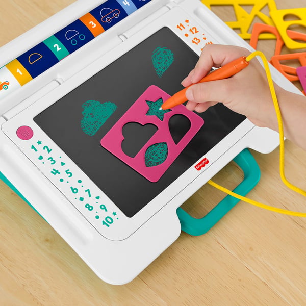 Fisher-Price Learn & Doodle Desk, Mess-Free Writing & Drawing-tegnetavle med LCD-skjerm for barn, 3 år, Batterier kreves, LR44, Plast, Flerfarget