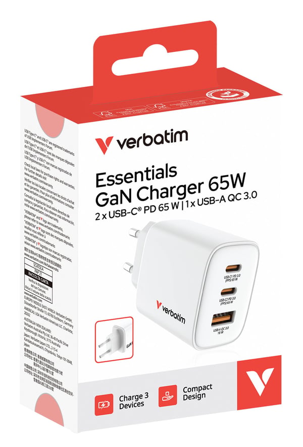 Verbatim Essentials - Strømadapter - GaN - 65 watt - 3 A - Power Delivery 3.0 + PPS, QC 3.0 - 3 utgangskontakter (USB-C, USB) - hvit - Europa