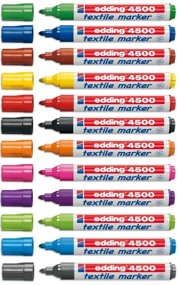 Edding tekstiltusjer 5 stk. Basic Colors 2-3 mm strek - vaskbar opptil 60 grader - fikseres før 1 vask med strykejern