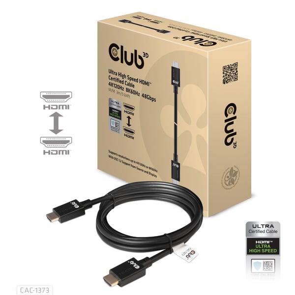 Club 3D - Ultra High Speed - HDMI-kabel - HDMI hann til HDMI hann - 3 m - svart - 4K 120 Hz støtte, 8K 60Hz støtte