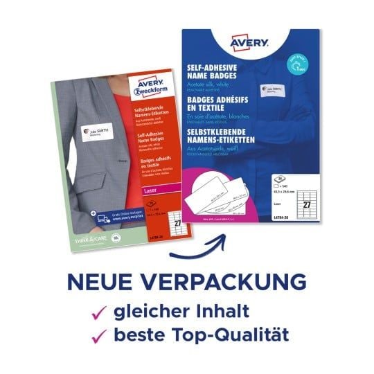 Avery L4784 - Silke - hvit - 29.6 x 63.5 mm 540 stk (20 ark x 27) etiketter til navneplater