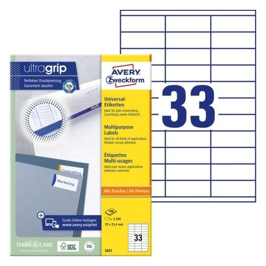 Etiketter Avery 70x25,4 mm hvite universaletiketter, med Ultragrip - (100 ark x 33 stk.)