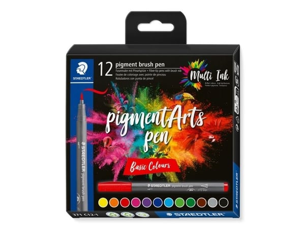 Staedtler Pigment Arts Brush Pen Basic Colors, 12 väriä, Monivärinen, Pyöreä, Muovi, Polypropeeni (PP), Vesipohjainen muste, Aikuiset & Lapset