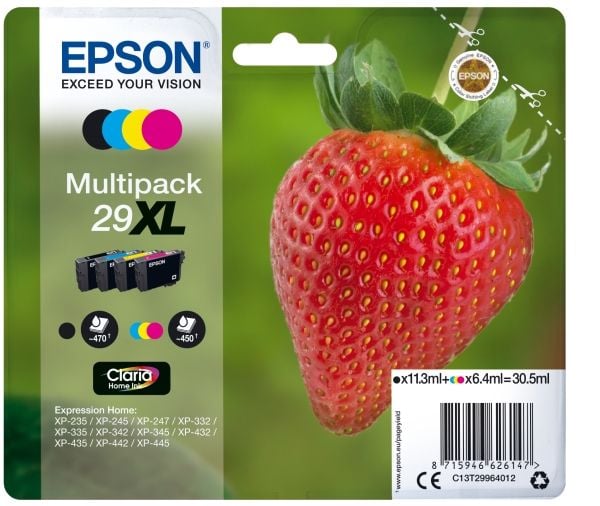 Epson Strawberry Multipack 4-colours 29XL Claria Home Ink, High (L) Yield, Musta, Syaani, Magenta, Keltainen, 11,3 ml, 6,4 ml, 1 kpl, 470 sivua