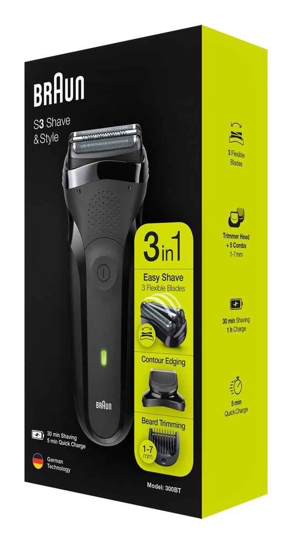 Braun Series 3 300BT pyöriväteräinen parranajokone 30 min trimmerillä, musta