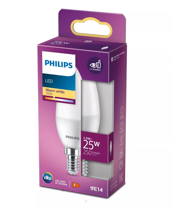Philips - LED-lyspære - form: B35 - mattslipt finish - E14 - 2.8 W (ekvivalent 25 W) - klasse F - varmt hvitt lys - 2700 K