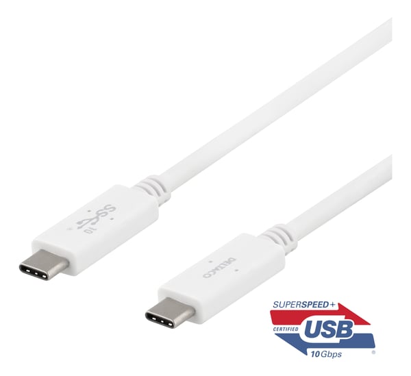 DELTACO - USB-kabel - USB-C (hane) till USB-C (hane) - USB 3.1 Gen 2 - 5 A - 1 m - E-marker - vit