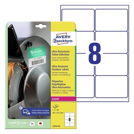 Avery-Zweckform L7914-10 Etiketter 99,1 x 67,7 mm Polyetylenfolie Hvid 80 stk Permanente Universelle etiketter Laser, Kopi