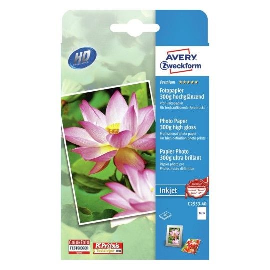 Avery c2553-40, Høy-glans, 300 g/m², Blekkdyse, Hvit, 20 ark, FSC Mix Credit