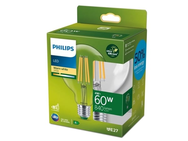 Philips - LED-glödlampa med filament - form: G95 - klar finish - E27 - 4 W (motsvarande 60 W) - klass A - varmt vitt ljus - 2700 K