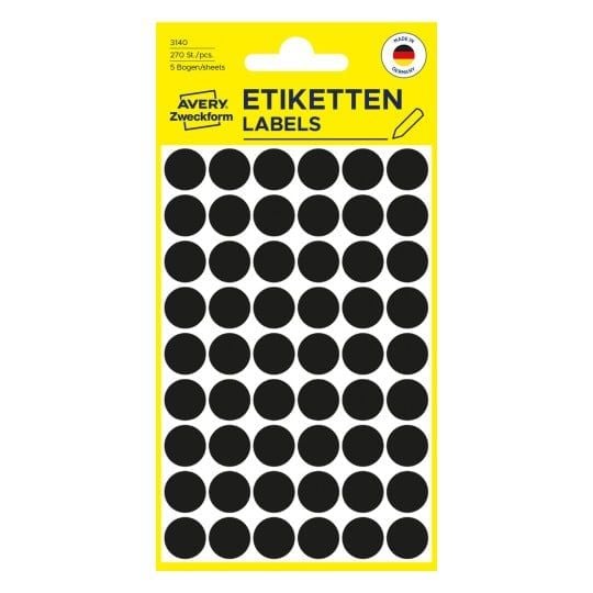 Avery 3140 runde etiketter 12 mm permanent, 270 stk., svarte