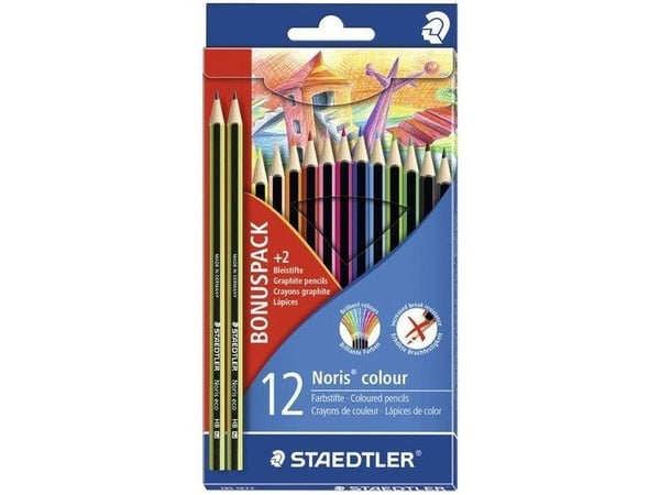 Staedtler Noris colour 185, Musta, Sininen, Ruskea, Vihreä, Magenta, Oranssi, Persikka, Purppura, Punainen, Keltainen, 12 kpl