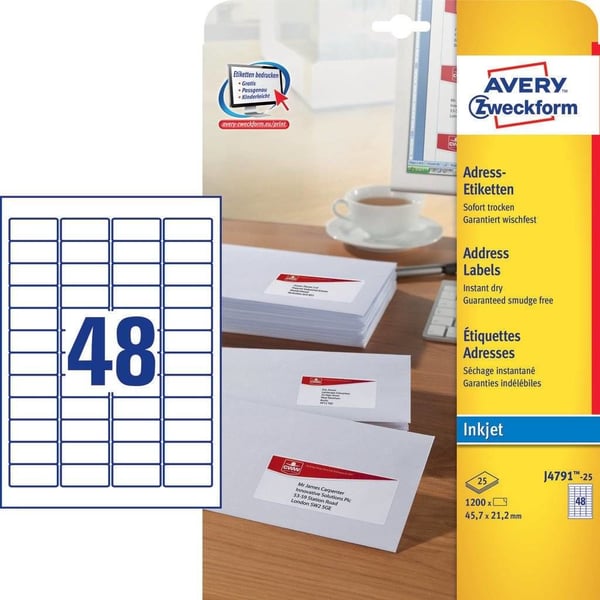 Avery J4791-25, Valkoinen, Pyöristetty suorakulmio, Kiinteä, 45.7 x 21.2 mm, A4, Paperi