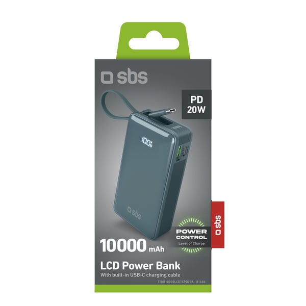 Powerbank SBS 10000mAh, 20W, LCD, integrert kabel, Lyseblå
