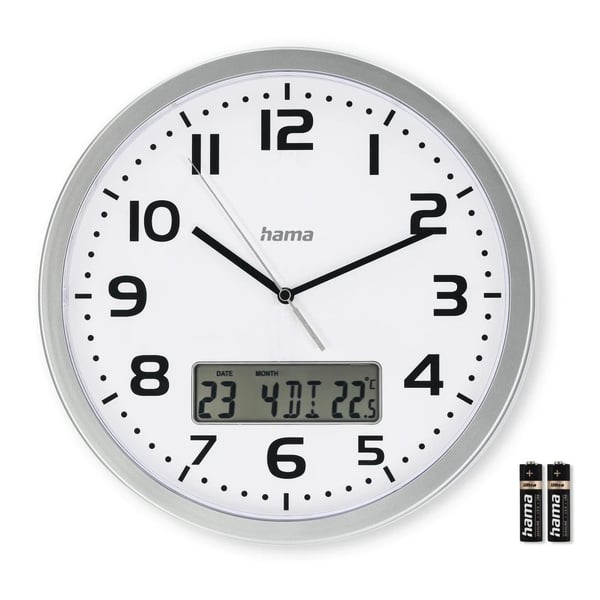 Hama 00185878, Vägg, Analog klocka, Rund, Silver, Vit, Plast, Glas