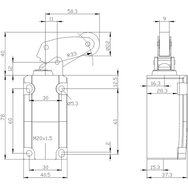 Siemens 3SE51120LF01 3SE5112-0LF01 Pysäytyskosketin 6 A Kulmapyörätanko, Metallitanko, muovirulla IP66, IP67 1 kpl