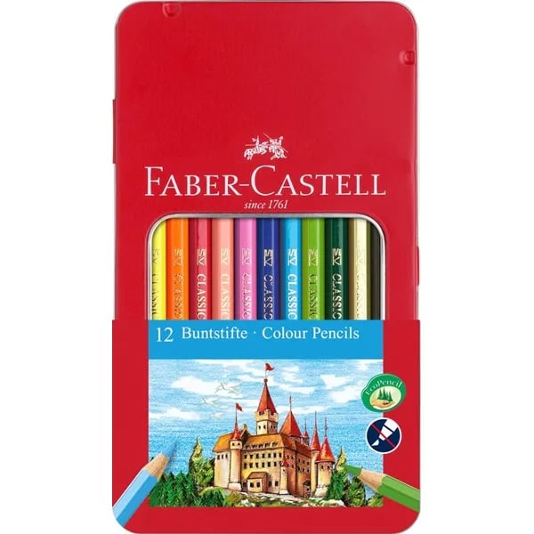 Faber-Castell fargeblyanter, sekskantet form, eske med 12 assorterte farger i en blikkboks