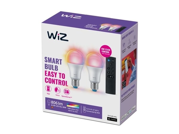 WiZ A60 smartpære 806 lm E27 RGBW Wi-Fi, 2-pk med fjernkontroll